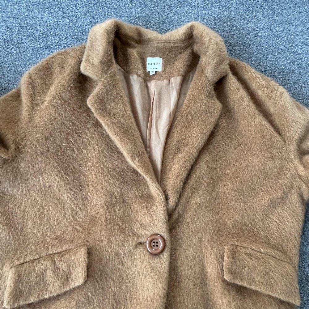 Ellison Coat‎ Womens Large Brown Fuzzy Faux Fur Lined Single Button Overcoat - Picture 10 of 13